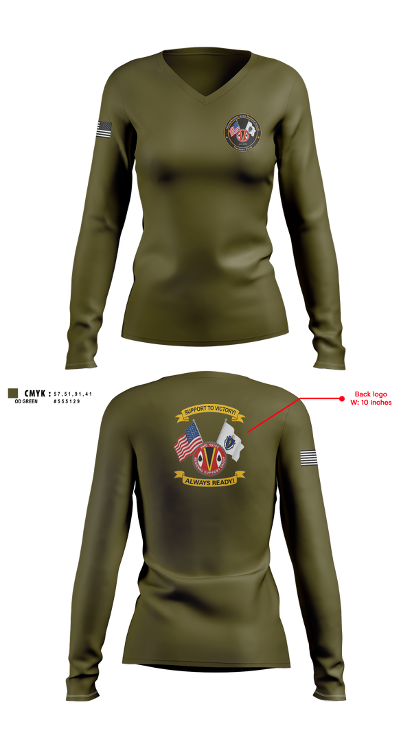 Womens Long Sleeve Vneck Shirt, HHC 151st RSG, Army, Teamtime, Team time, sublimation, custom sports apparel, team uniforms, spirit wear, spiritwear, sports uniforms, custom shirts, team store, custom team store, fundraiser sports, apparel fundraiser