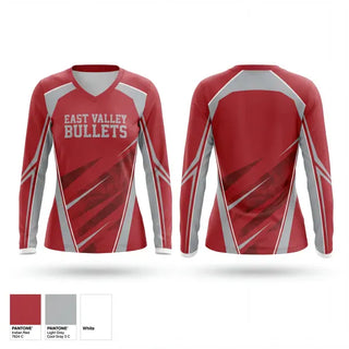 Womens Long Sleeve Vneck Shirt, East Valley Bullets, Women's Lacrosse, Teamtime, Team time, sublimation, custom sports apparel, team uniforms, spirit wear, spiritwear, sports uniforms, custom shirts, team store, custom team store, fundraiser sports, apparel fundraiser