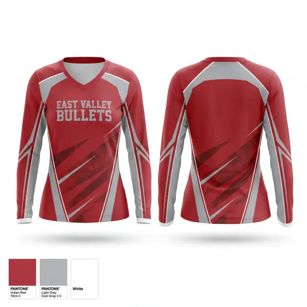 Womens Long Sleeve Vneck Shirt, East Valley Bullets, Women's Lacrosse, Teamtime, Team time, sublimation, custom sports apparel, team uniforms, spirit wear, spiritwear, sports uniforms, custom shirts, team store, custom team store, fundraiser sports, apparel fundraiser