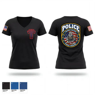 Womens Short Sleeve Vneck Shirt, NYPD THREAT, Police, Teamtime, Team time, sublimation, custom sports apparel, team uniforms, spirit wear, spiritwear, sports uniforms, custom shirts, team store, custom team store, fundraiser sports, apparel fundraiser