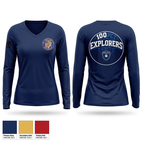 Womens Long Sleeve Vneck Shirt, NYPD explorer unit, Police, Teamtime, Team time, sublimation, custom sports apparel, team uniforms, spirit wear, spiritwear, sports uniforms, custom shirts, team store, custom team store, fundraiser sports, apparel fundraiser
