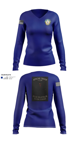 Womens Long Sleeve Vneck Shirt, 1-7 Cavlary Division Apache Troop Blue Platoon Recon Junkies, Army, Teamtime, Team time, sublimation, custom sports apparel, team uniforms, spirit wear, spiritwear, sports uniforms, custom shirts, team store, custom team store, fundraiser sports, apparel fundraiser