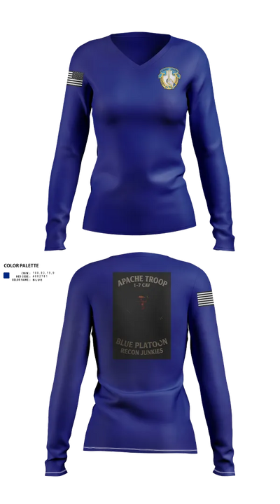 1-7 Cavlary Division Apache Troop Blue Platoon Recon Junkies Women's Long Sleeve V-neck Shirt - 22