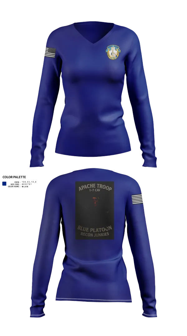 Womens Long Sleeve Vneck Shirt, 1-7 Cavlary Division Apache Troop Blue Platoon Recon Junkies, Army, Teamtime, Team time, sublimation, custom sports apparel, team uniforms, spirit wear, spiritwear, sports uniforms, custom shirts, team store, custom team store, fundraiser sports, apparel fundraiser
