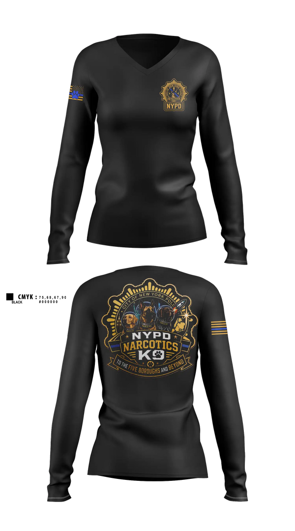 Womens Long Sleeve Vneck Shirt, NYPD NARCOTICS K9, Police, Teamtime, Team time, sublimation, custom sports apparel, team uniforms, spirit wear, spiritwear, sports uniforms, custom shirts, team store, custom team store, fundraiser sports, apparel fundraiser