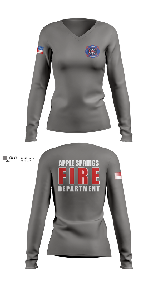 Womens Long Sleeve Vneck Shirt, Apple Springs, Fire Department, Teamtime, Team time, sublimation, custom sports apparel, team uniforms, spirit wear, spiritwear, sports uniforms, custom shirts, team store, custom team store, fundraiser sports, apparel fundraiser