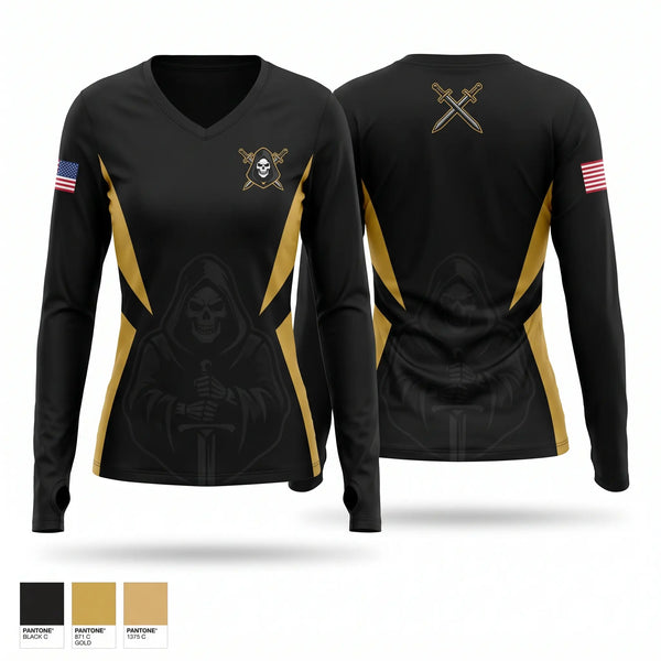 Womens Long Sleeve Vneck Shirt, Echo FSC / 8BEB, Army, Teamtime, Team time, sublimation, custom sports apparel, team uniforms, spirit wear, spiritwear, sports uniforms, custom shirts, team store, custom team store, fundraiser sports, apparel fundraiser