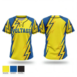 Two Button Softball Jersey, Voltage, Softball, Teamtime, Team time, sublimation, custom sports apparel, team uniforms, spirit wear, spiritwear, sports uniforms, custom shirts, team store, custom team store, fundraiser sports, apparel fundraiser