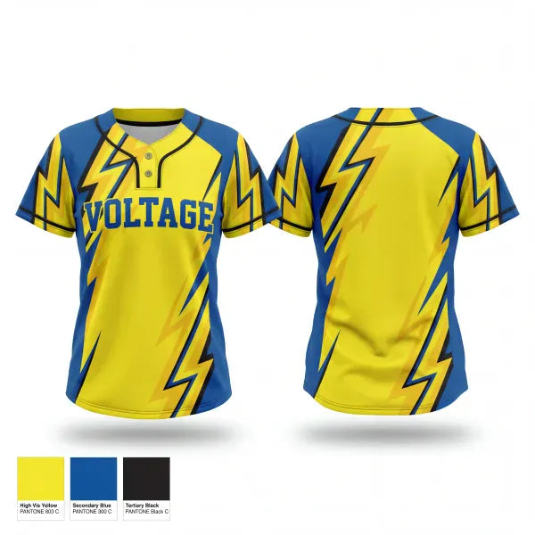 Two Button Softball Jersey, Voltage, Softball, Teamtime, Team time, sublimation, custom sports apparel, team uniforms, spirit wear, spiritwear, sports uniforms, custom shirts, team store, custom team store, fundraiser sports, apparel fundraiser
