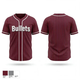 Full Button Baseball Jersey, Bullets, Baseball, Teamtime, Team time, sublimation, custom sports apparel, team uniforms, spirit wear, spiritwear, sports uniforms, custom shirts, team store, custom team store, fundraiser sports, apparel fundraiser