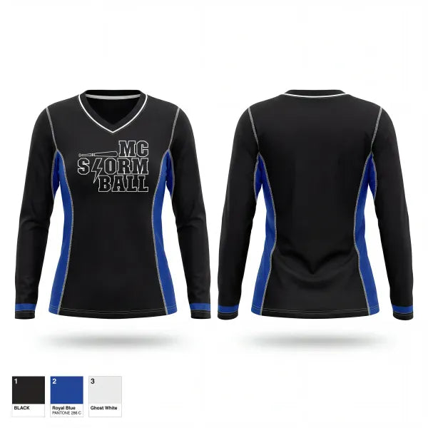 Womens Long Sleeve Vneck Shirt, MC Storm, Softball, Teamtime, Team time, sublimation, custom sports apparel, team uniforms, spirit wear, spiritwear, sports uniforms, custom shirts, team store, custom team store, fundraiser sports, apparel fundraiser