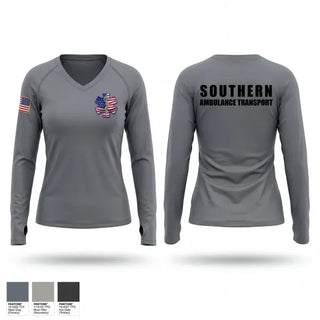 Womens Long Sleeve Vneck Shirt, Southern Ambulance Transport, EMS/EMT, Teamtime, Team time, sublimation, custom sports apparel, team uniforms, spirit wear, spiritwear, sports uniforms, custom shirts, team store, custom team store, fundraiser sports, apparel fundraiser