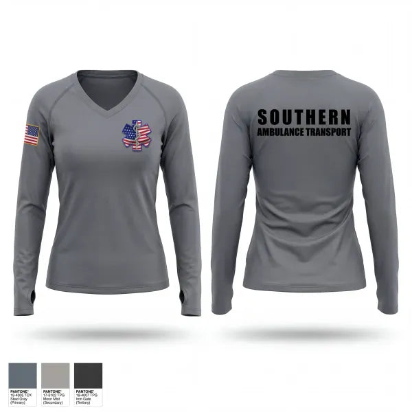 Womens Long Sleeve Vneck Shirt, Southern Ambulance Transport, EMS/EMT, Teamtime, Team time, sublimation, custom sports apparel, team uniforms, spirit wear, spiritwear, sports uniforms, custom shirts, team store, custom team store, fundraiser sports, apparel fundraiser