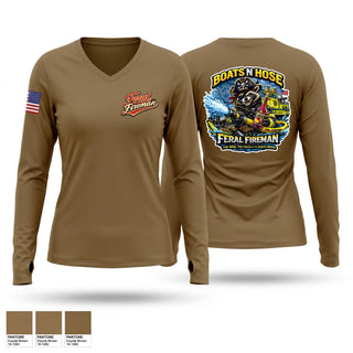 Womens Long Sleeve Vneck Shirt, Feral Fireman, Fire Department, Teamtime, Team time, sublimation, custom sports apparel, team uniforms, spirit wear, spiritwear, sports uniforms, custom shirts, team store, custom team store, fundraiser sports, apparel fundraiser
