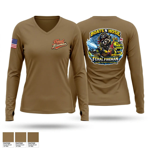 Womens Long Sleeve Vneck Shirt, Feral Fireman, Fire Department, Teamtime, Team time, sublimation, custom sports apparel, team uniforms, spirit wear, spiritwear, sports uniforms, custom shirts, team store, custom team store, fundraiser sports, apparel fundraiser