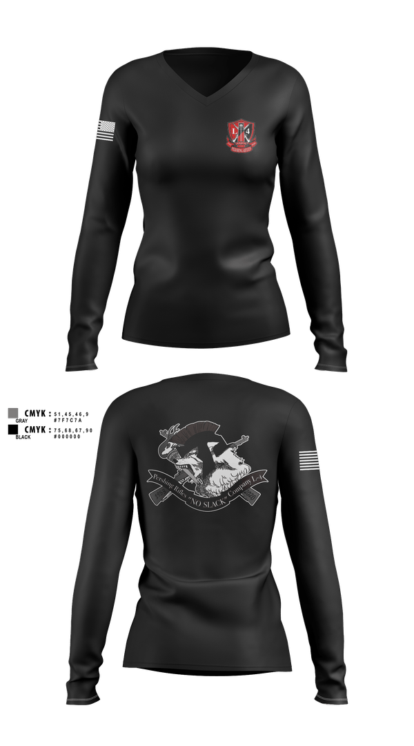 Womens Long Sleeve Vneck Shirt, Pershing Rifles, Company L-4, Army, Teamtime, Team time, sublimation, custom sports apparel, team uniforms, spirit wear, spiritwear, sports uniforms, custom shirts, team store, custom team store, fundraiser sports, apparel fundraiser