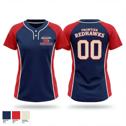 Two Button Softball Jersey, Frontier Redhawks, Softball, Teamtime, Team time, sublimation, custom sports apparel, team uniforms, spirit wear, spiritwear, sports uniforms, custom shirts, team store, custom team store, fundraiser sports, apparel fundraiser