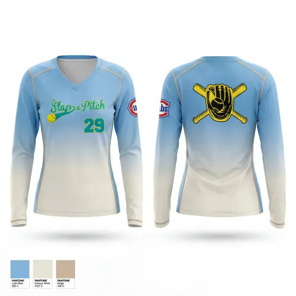 Womens Long Sleeve Vneck Shirt, Slap A Pitch, Softball, Teamtime, Team time, sublimation, custom sports apparel, team uniforms, spirit wear, spiritwear, sports uniforms, custom shirts, team store, custom team store, fundraiser sports, apparel fundraiser