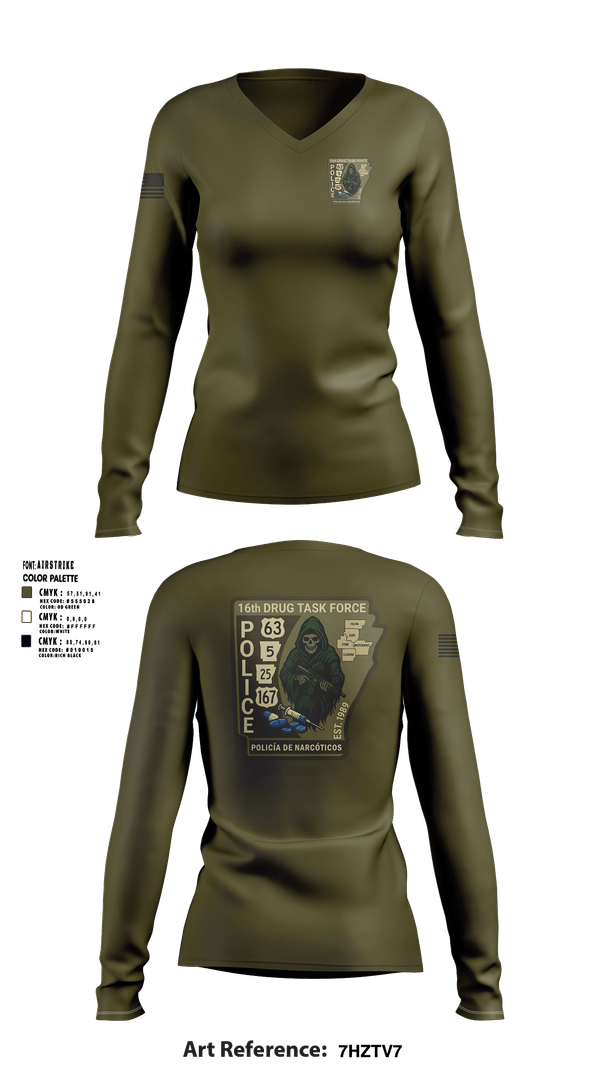 Womens Long Sleeve Vneck Shirt, 16th Drug Task Force, Police, Teamtime, Team time, sublimation, custom sports apparel, team uniforms, spirit wear, spiritwear, sports uniforms, custom shirts, team store, custom team store, fundraiser sports, apparel fundraiser