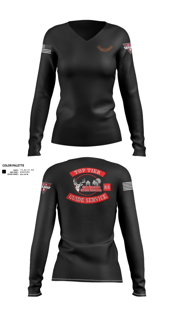 Womens Long Sleeve Vneck Shirt, Old School Guide Service, , Teamtime, Team time, sublimation, custom sports apparel, team uniforms, spirit wear, spiritwear, sports uniforms, custom shirts, team store, custom team store, fundraiser sports, apparel fundraiser