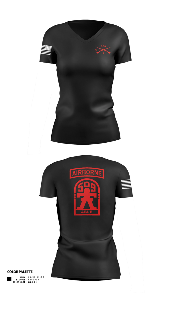 Women's Short Sleeve Vneck Shirt, 3-509th Parachute Infantry BN Able Nation, , Teamtime, Team time, sublimation, custom sports apparel, team uniforms, spirit wear, spiritwear, sports uniforms, custom shirts, team store, custom team store, fundraiser sports, apparel fundraiser