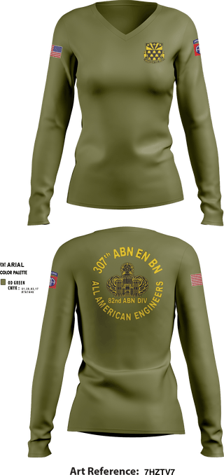 Women's Long Sleeve Vneck Shirt, 307th Airborne Engineers Battalion, , Teamtime, Team time, sublimation, custom sports apparel, team uniforms, spirit wear, spiritwear, sports uniforms, custom shirts, team store, custom team store, fundraiser sports, apparel fundraiser