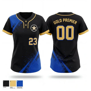 Two Button Softball Jersey, Gold Premier, Softball, Teamtime, Team time, sublimation, custom sports apparel, team uniforms, spirit wear, spiritwear, sports uniforms, custom shirts, team store, custom team store, fundraiser sports, apparel fundraiser