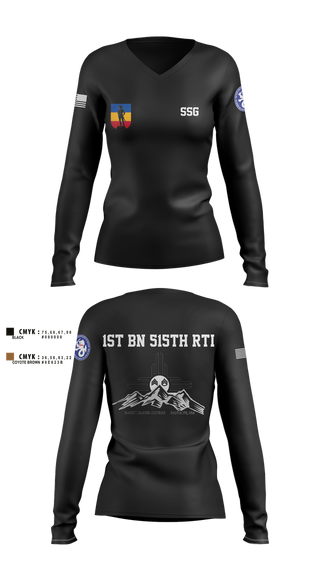 Womens Long Sleeve Vneck Shirt, 1st BN 515th RTI, Army, Teamtime, Team time, sublimation, custom sports apparel, team uniforms, spirit wear, spiritwear, sports uniforms, custom shirts, team store, custom team store, fundraiser sports, apparel fundraiser