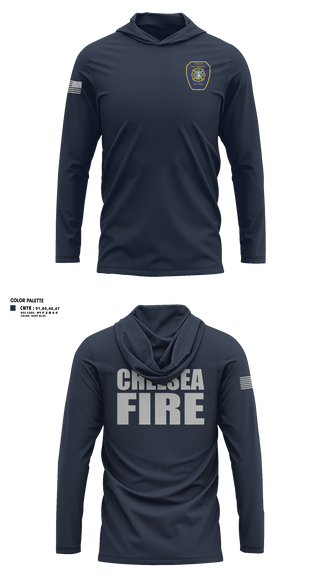 Long Sleeve Hooded Sun Shirt, Chelsea Fire, Fire Department, Teamtime, Team time, sublimation, custom sports apparel, team uniforms, spirit wear, spiritwear, sports uniforms, custom shirts, team store, custom team store, fundraiser sports, apparel fundraiser