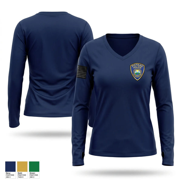 Womens Long Sleeve Vneck Shirt, Poteau Police Department, Police, Teamtime, Team time, sublimation, custom sports apparel, team uniforms, spirit wear, spiritwear, sports uniforms, custom shirts, team store, custom team store, fundraiser sports, apparel fundraiser