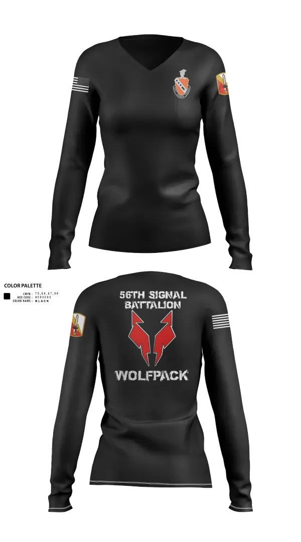 Womens Long Sleeve Vneck Shirt, 56th Signal Battalion, Army, Teamtime, Team time, sublimation, custom sports apparel, team uniforms, spirit wear, spiritwear, sports uniforms, custom shirts, team store, custom team store, fundraiser sports, apparel fundraiser