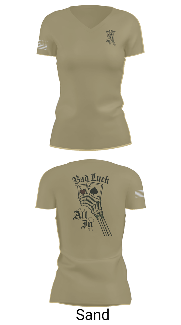 Womens Short Sleeve Vneck Shirt, 4th plt bad luck, Army, Teamtime, Team time, sublimation, custom sports apparel, team uniforms, spirit wear, spiritwear, sports uniforms, custom shirts, team store, custom team store, fundraiser sports, apparel fundraiser