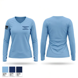 Womens Long Sleeve Vneck Shirt, Goldsboro Police Explorers, Police, Teamtime, Team time, sublimation, custom sports apparel, team uniforms, spirit wear, spiritwear, sports uniforms, custom shirts, team store, custom team store, fundraiser sports, apparel fundraiser
