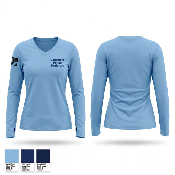 Womens Long Sleeve Vneck Shirt, Goldsboro Police Explorers, Police, Teamtime, Team time, sublimation, custom sports apparel, team uniforms, spirit wear, spiritwear, sports uniforms, custom shirts, team store, custom team store, fundraiser sports, apparel fundraiser