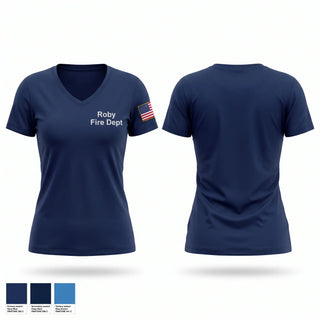 Womens Short Sleeve Vneck Shirt, Roby Fire Dept, Fire Department, Teamtime, Team time, sublimation, custom sports apparel, team uniforms, spirit wear, spiritwear, sports uniforms, custom shirts, team store, custom team store, fundraiser sports, apparel fundraiser