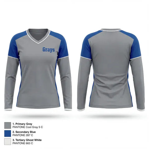 Womens Long Sleeve Vneck Shirt, Grays (like the old Negro League team), Baseball, Teamtime, Team time, sublimation, custom sports apparel, team uniforms, spirit wear, spiritwear, sports uniforms, custom shirts, team store, custom team store, fundraiser sports, apparel fundraiser