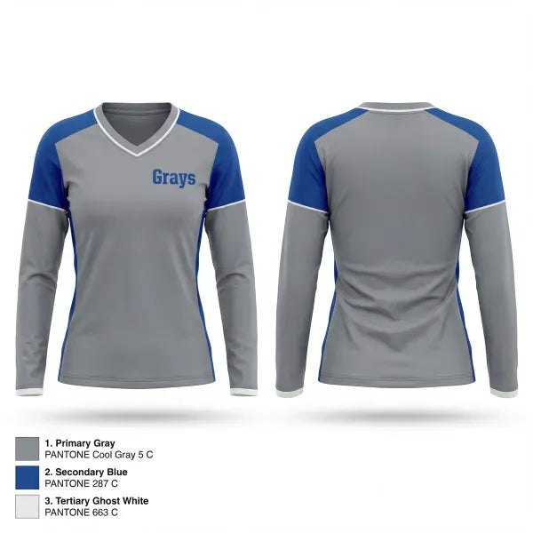 Womens Long Sleeve Vneck Shirt, Grays (like the old Negro League team), Baseball, Teamtime, Team time, sublimation, custom sports apparel, team uniforms, spirit wear, spiritwear, sports uniforms, custom shirts, team store, custom team store, fundraiser sports, apparel fundraiser