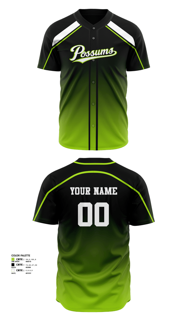 Full Button Baseball Jersey, Possums, Baseball, Teamtime, Team time, sublimation, custom sports apparel, team uniforms, spirit wear, spiritwear, sports uniforms, custom shirts, team store, custom team store, fundraiser sports, apparel fundraiser
