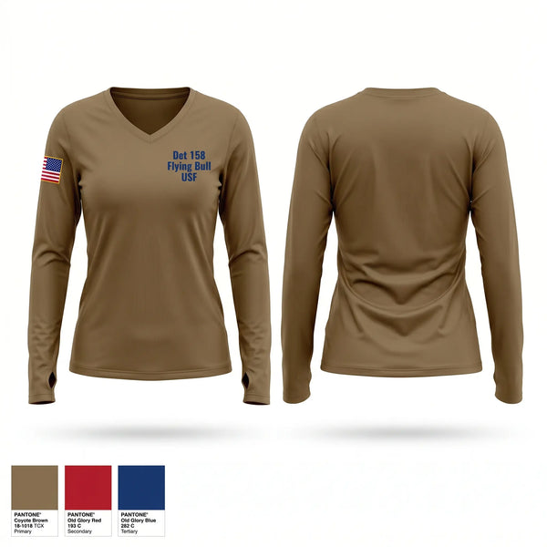 Womens Long Sleeve Vneck Shirt, Det 158 Flying Bull USF, Air Force, Teamtime, Team time, sublimation, custom sports apparel, team uniforms, spirit wear, spiritwear, sports uniforms, custom shirts, team store, custom team store, fundraiser sports, apparel fundraiser