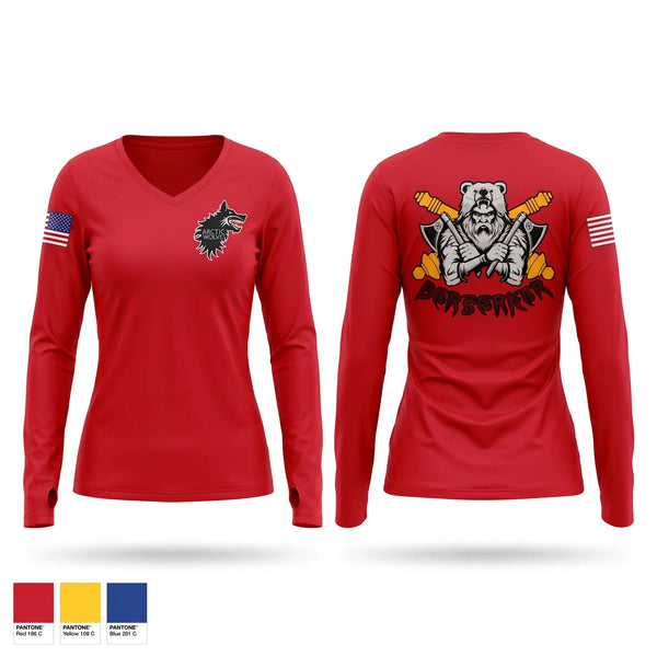 Womens Long Sleeve Vneck Shirt, Berserker Battery, Army, Teamtime, Team time, sublimation, custom sports apparel, team uniforms, spirit wear, spiritwear, sports uniforms, custom shirts, team store, custom team store, fundraiser sports, apparel fundraiser