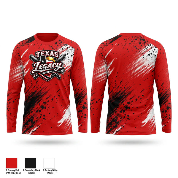 Long Sleeve Performance Shirt, Texas legacy, Softball, Teamtime, Team time, sublimation, custom sports apparel, team uniforms, spirit wear, spiritwear, sports uniforms, custom shirts, team store, custom team store, fundraiser sports, apparel fundraiser