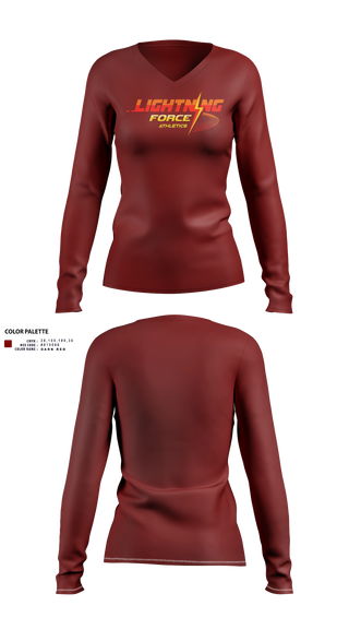Womens Long Sleeve Vneck Shirt, Lightning Force Athletics, Track & Field, Teamtime, Team time, sublimation, custom sports apparel, team uniforms, spirit wear, spiritwear, sports uniforms, custom shirts, team store, custom team store, fundraiser sports, apparel fundraiser