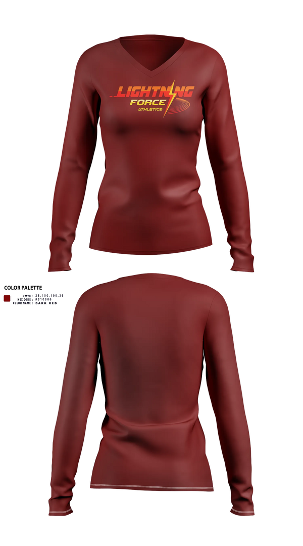 Womens Long Sleeve Vneck Shirt, Lightning Force Athletics, Track & Field, Teamtime, Team time, sublimation, custom sports apparel, team uniforms, spirit wear, spiritwear, sports uniforms, custom shirts, team store, custom team store, fundraiser sports, apparel fundraiser