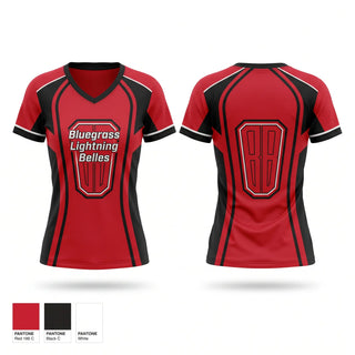 Womens Short Sleeve Vneck Shirt, Bluegrass Lightning Belles, Softball, Teamtime, Team time, sublimation, custom sports apparel, team uniforms, spirit wear, spiritwear, sports uniforms, custom shirts, team store, custom team store, fundraiser sports, apparel fundraiser