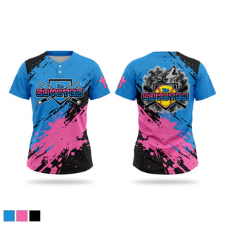 Two Button Softball Jersey, Coyotes, Softball, Teamtime, Team time, sublimation, custom sports apparel, team uniforms, spirit wear, spiritwear, sports uniforms, custom shirts, team store, custom team store, fundraiser sports, apparel fundraiser