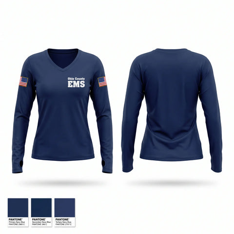Womens Long Sleeve Vneck Shirt, Ohio County EMS, EMS/EMT, Teamtime, Team time, sublimation, custom sports apparel, team uniforms, spirit wear, spiritwear, sports uniforms, custom shirts, team store, custom team store, fundraiser sports, apparel fundraiser