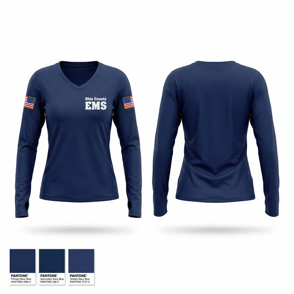 Womens Long Sleeve Vneck Shirt, Ohio County EMS, EMS/EMT, Teamtime, Team time, sublimation, custom sports apparel, team uniforms, spirit wear, spiritwear, sports uniforms, custom shirts, team store, custom team store, fundraiser sports, apparel fundraiser