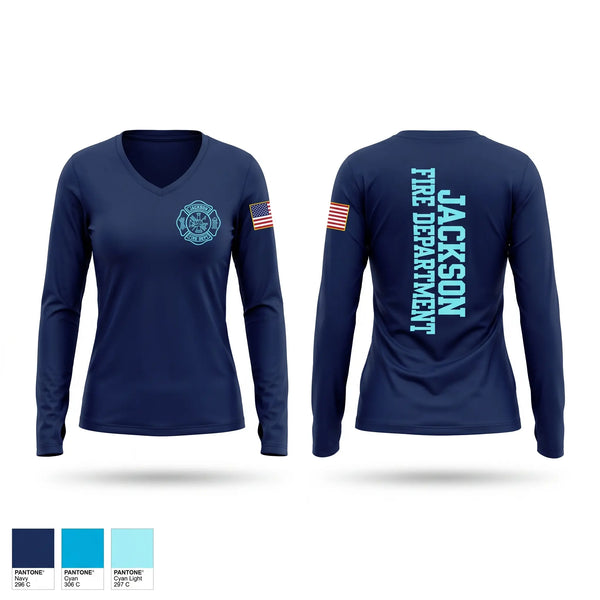 Womens Long Sleeve Vneck Shirt, Jackson Fire Department, Fire Department, Teamtime, Team time, sublimation, custom sports apparel, team uniforms, spirit wear, spiritwear, sports uniforms, custom shirts, team store, custom team store, fundraiser sports, apparel fundraiser