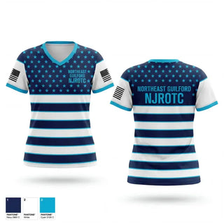 Womens Short Sleeve Vneck Shirt, Northeast Guilford NJROTC, Navy, Teamtime, Team time, sublimation, custom sports apparel, team uniforms, spirit wear, spiritwear, sports uniforms, custom shirts, team store, custom team store, fundraiser sports, apparel fundraiser