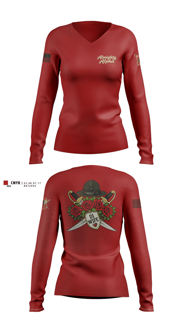 Womens Long Sleeve Vneck Shirt, Alpha company, Marines, Teamtime, Team time, sublimation, custom sports apparel, team uniforms, spirit wear, spiritwear, sports uniforms, custom shirts, team store, custom team store, fundraiser sports, apparel fundraiser